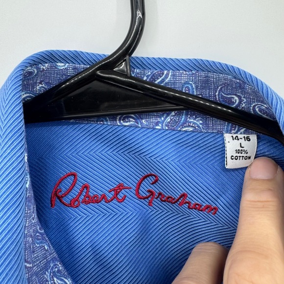 Robert Graham Kids Blue Herringbone Paisley Trim Button Down Shirt Size L - Picture 4 of 11